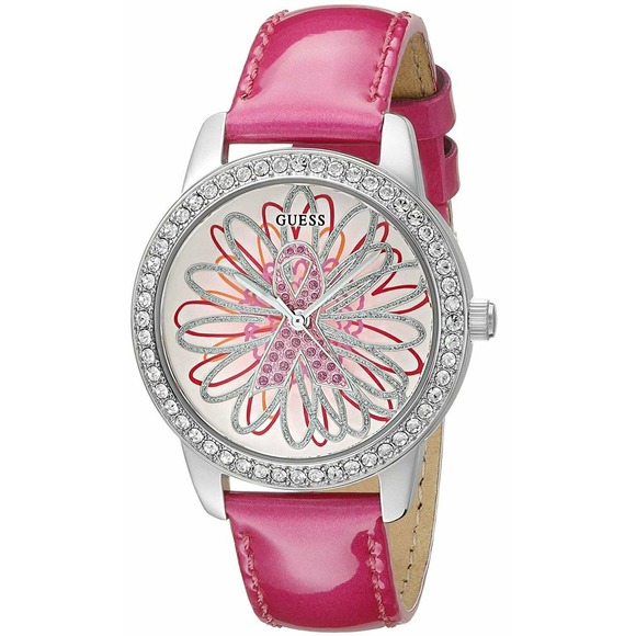 Guess Women's Pink Patent Leather Crytsal Breast Cancer Awareness 36mm Watch - Picture 1 of 3